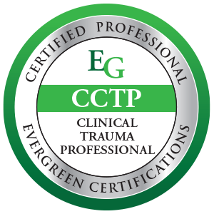 Certification badge for a Clinical Trauma Professional, featuring 'EG' and 'CCTP' text, with 'Certified Professional' and 'Evergreen Certifications' around the edge.